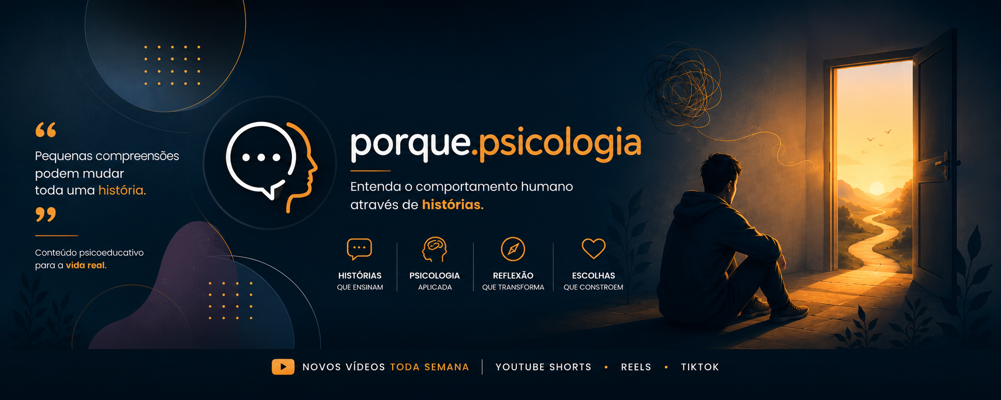 Ilustração de uma pessoa sentada de costas observando uma porta aberta com uma paisagem ao entardecer, ao lado do logo porque.psicologia